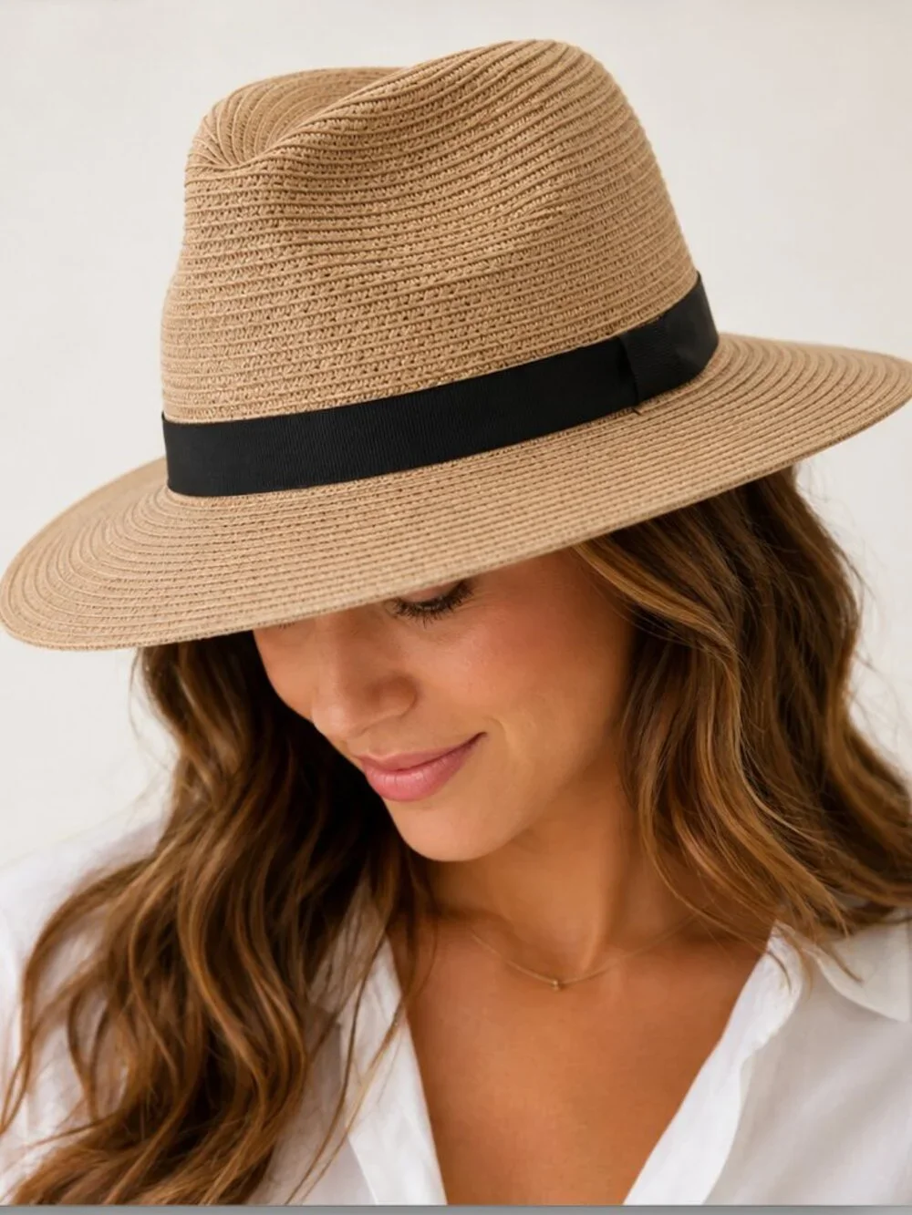 J.Crew Factory Straw Fedora Hat Natural Black Band M/L Packable Summer Sun Hat